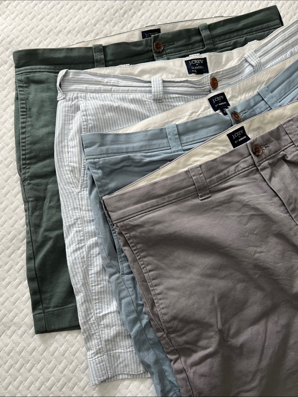 J. Crew (4) Men’s Shorts in Olive Green, Light Blue, blue&white striped, Gray